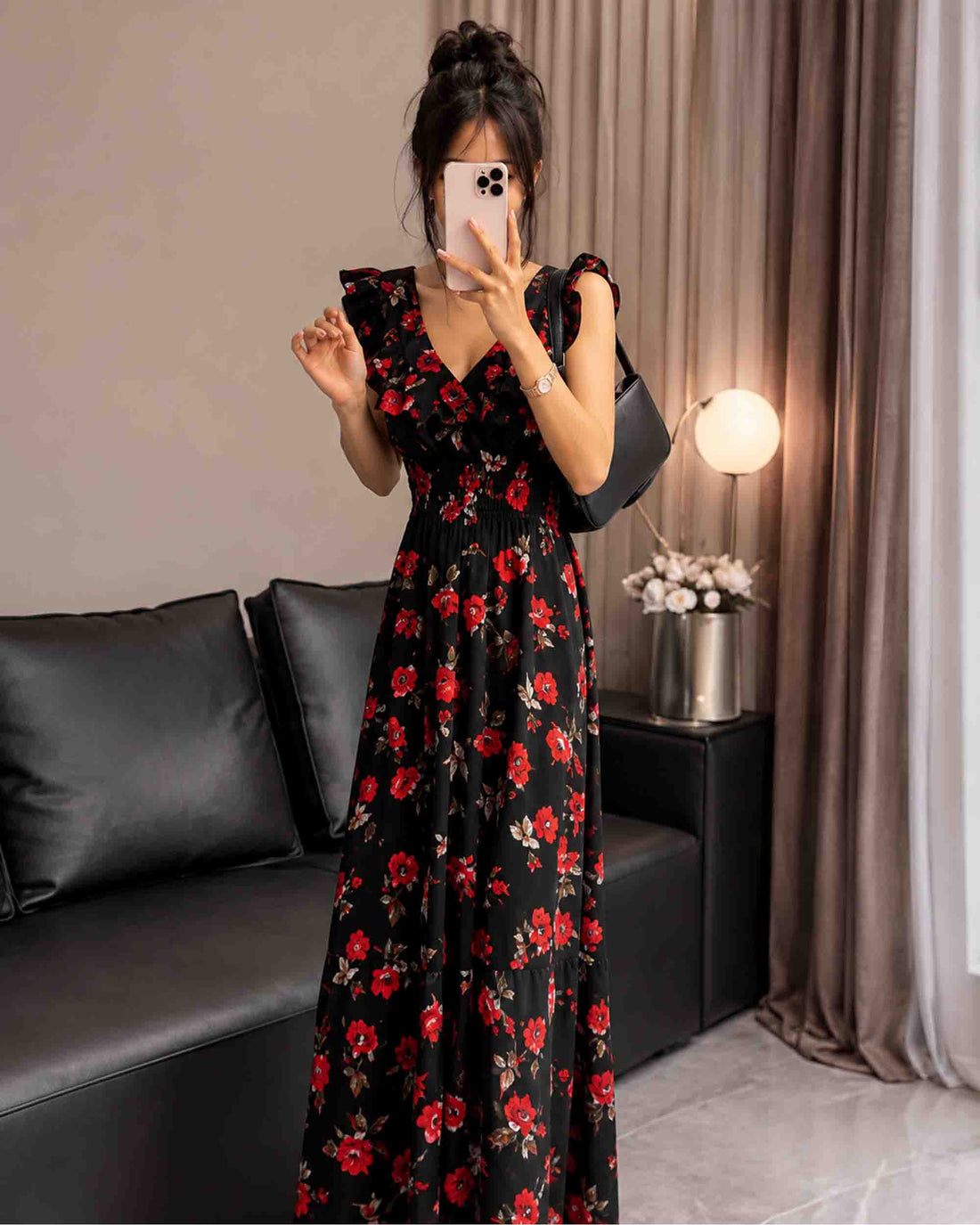 Black Floral Maxi Dress – Red Flower Print