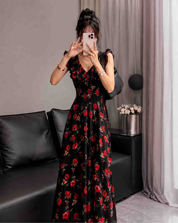 Black Floral Maxi Dress – Red Flower Print