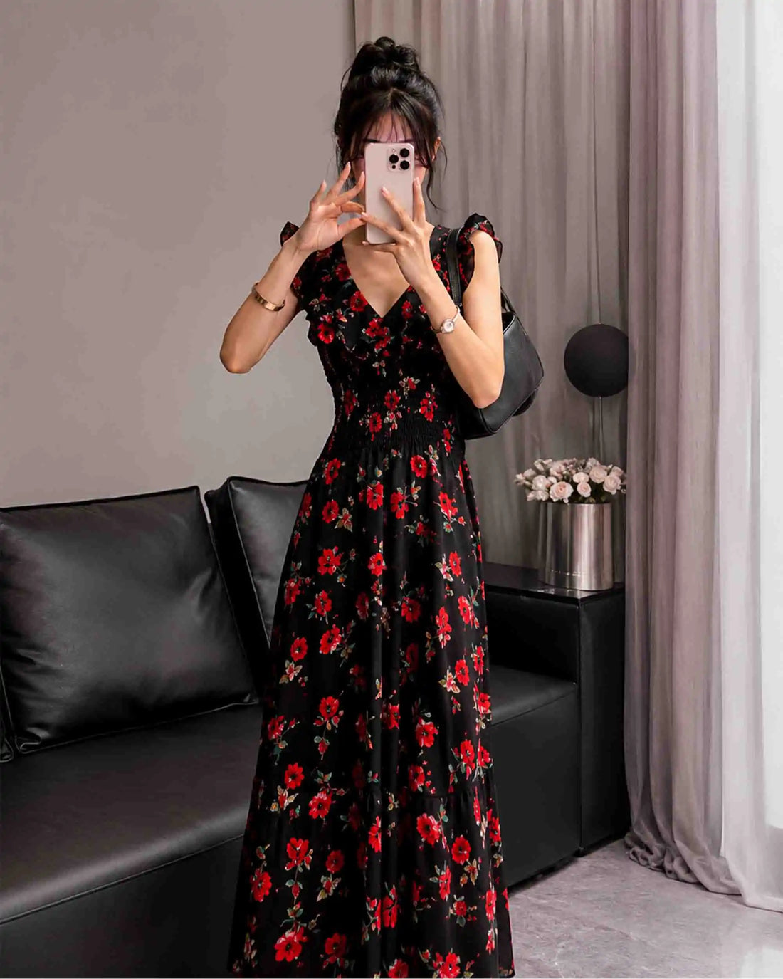 Black Floral Maxi Dress – Red Flower Print