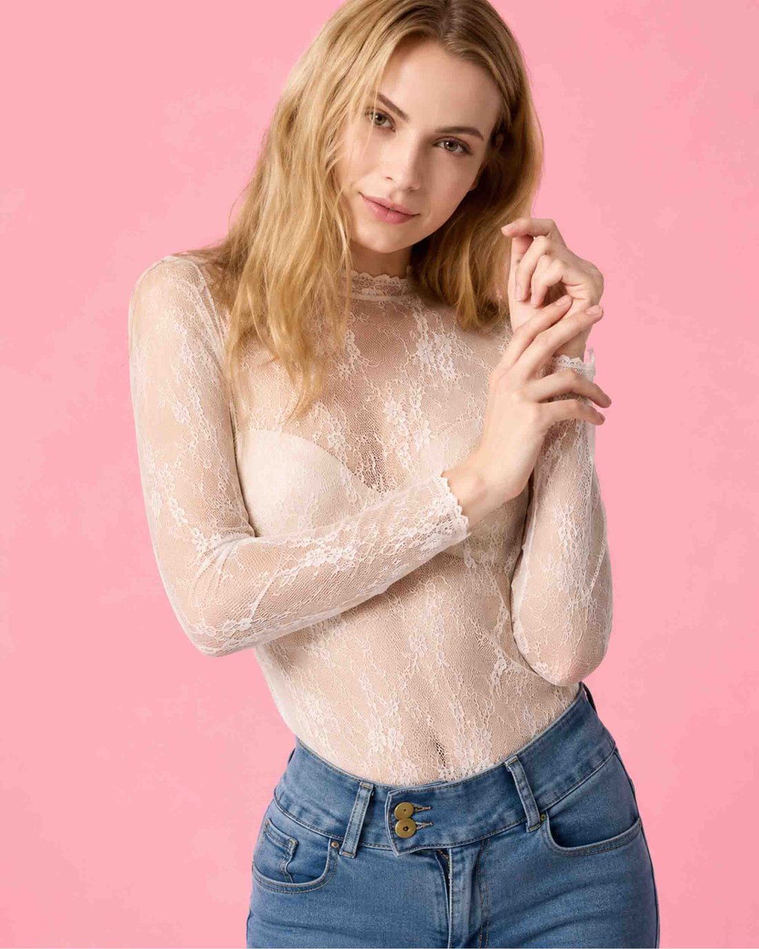 Elegant Floral Lace Mesh Long Sleeve Top