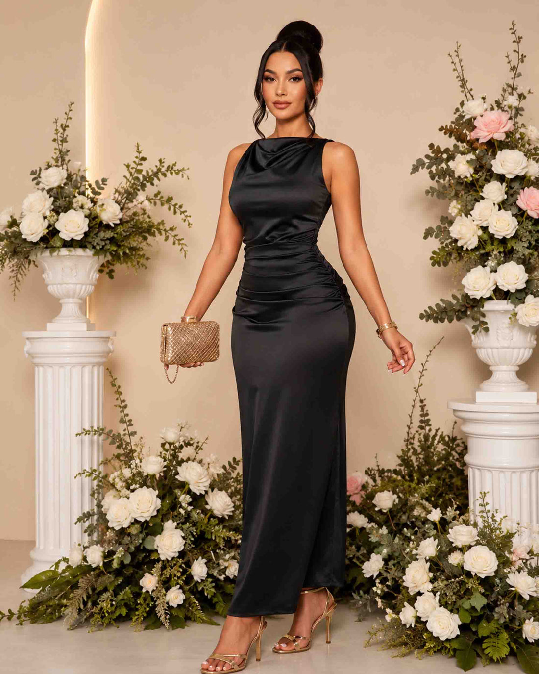 Elegant Satin Ruched Maxi Dress