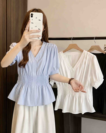 SheNest Elegant V-Neck Smocked Waist Blouse