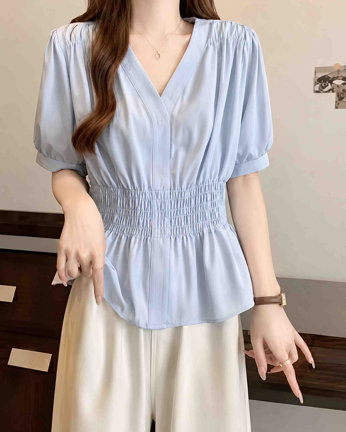 SheNest Elegant V-Neck Smocked Waist Blouse
