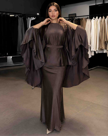 Women's Elegant Brown Cape Sleeve Maxi Dress Set