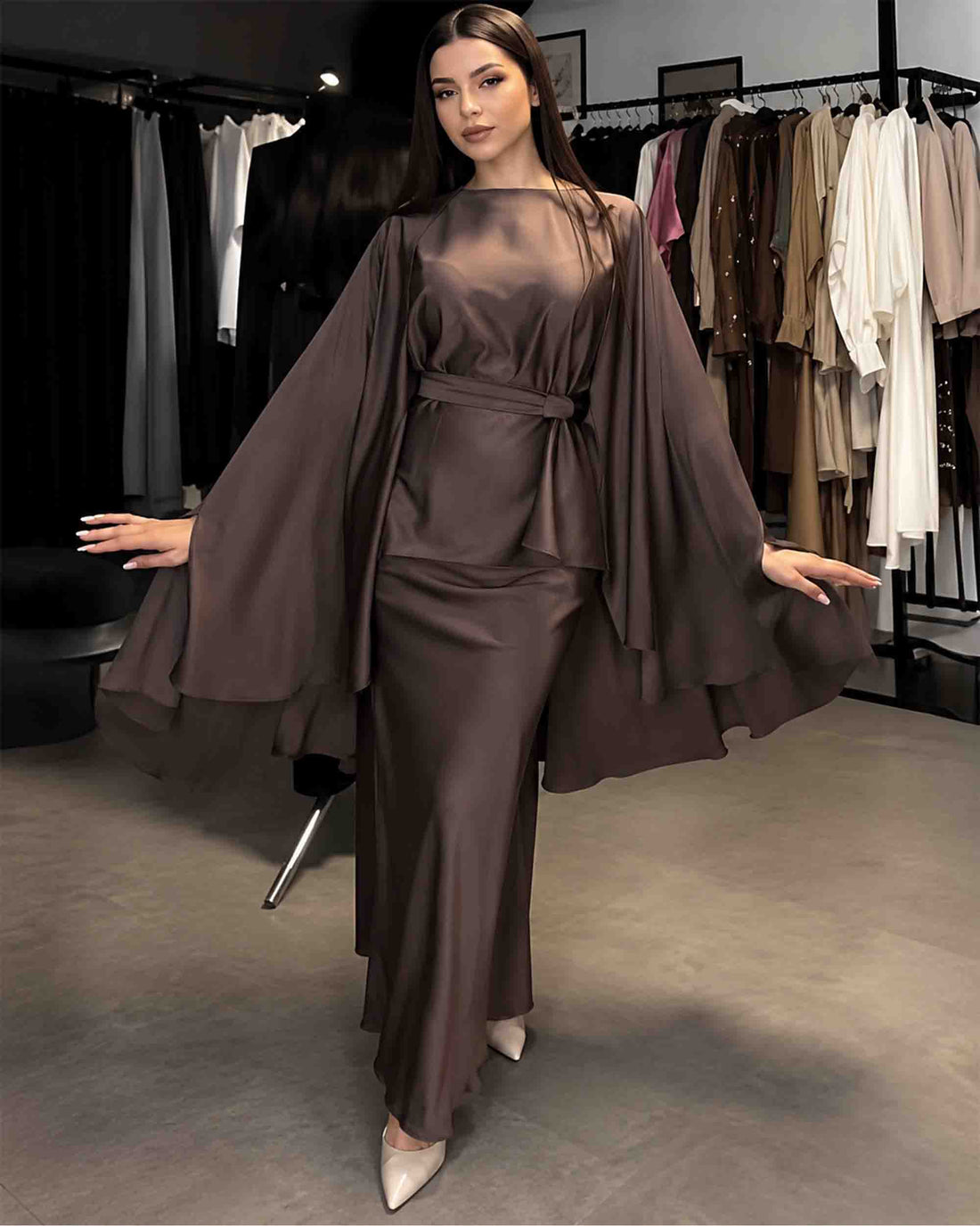 Women's Elegant Brown Cape Sleeve Maxi Dress Set