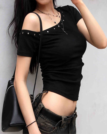 Women's Off Shoulder Studded Slim Fit Crop Top - Black