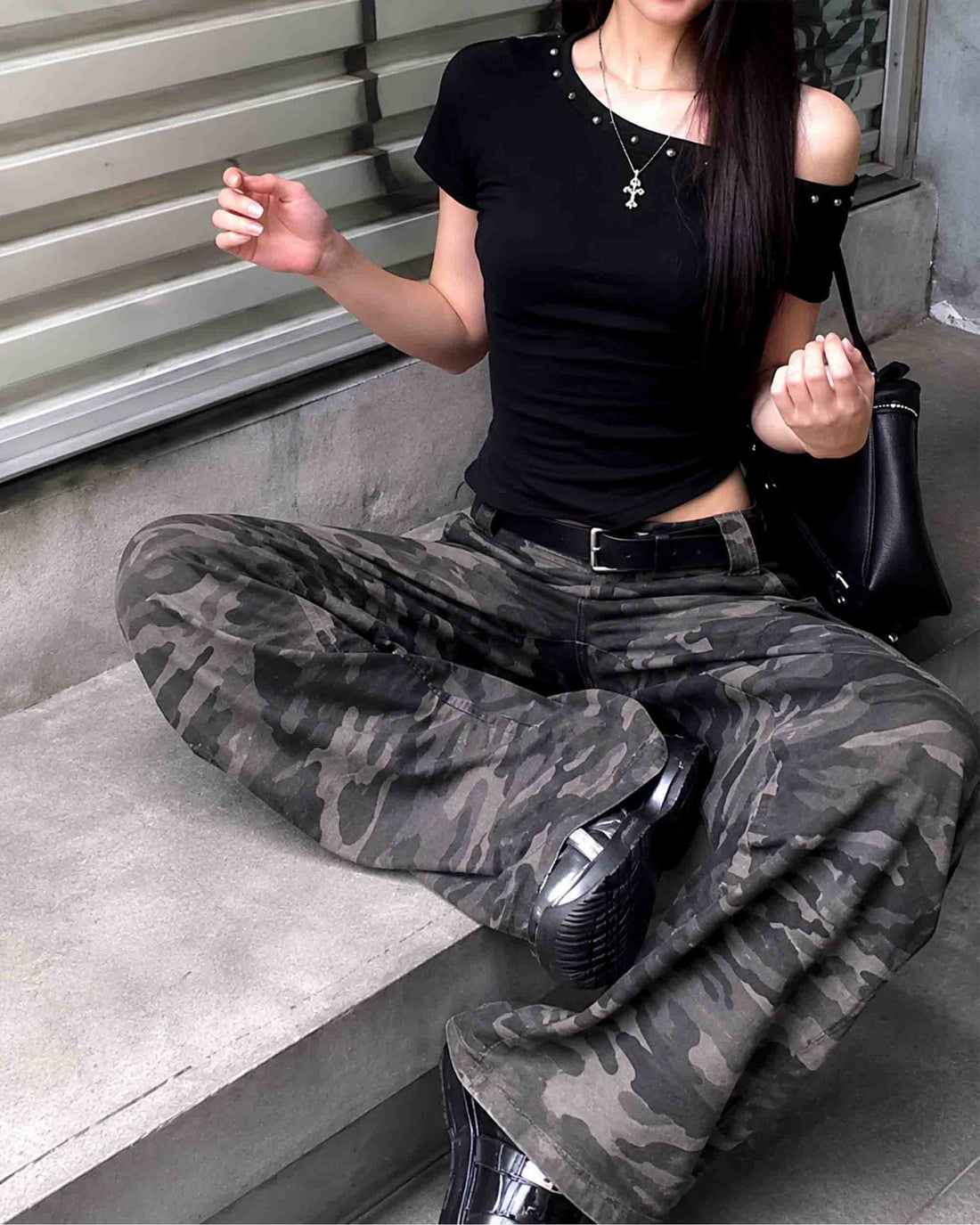 Women's Off Shoulder Studded Slim Fit Crop Top - Black